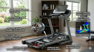 An illustration highlighting the reinforced steel frame of a stationary treadmill for home gym durability.