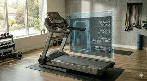 Technical overview of a heavy duty treadmill for running featuring professional engineering, high-torque motor, and commercial-grade frame.