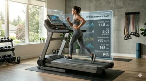 A photorealistic technical illustration detailing the heavy-duty reinforced frame construction and durable welded steel engineering of a robust treadmill.