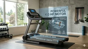 A photorealistic technical illustration detailing the advanced cushioning and multi-zone shock absorption system on a heavy duty treadmill for running.