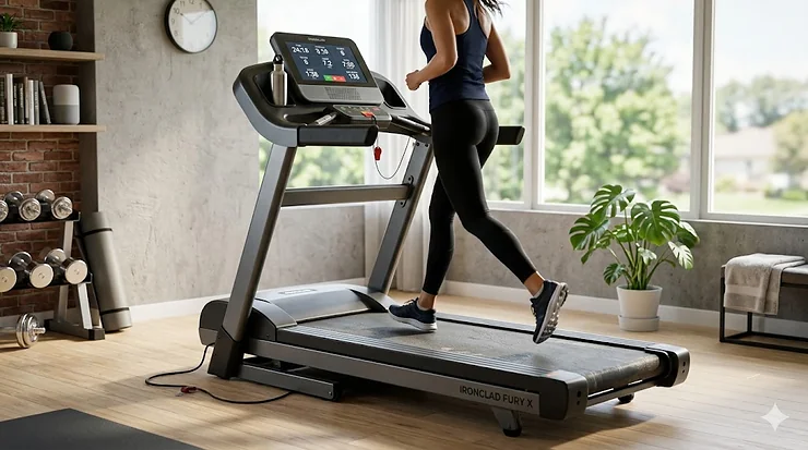 A robust heavy duty treadmill under $1500 featuring a wide running deck and steel frame in a modern home gym.