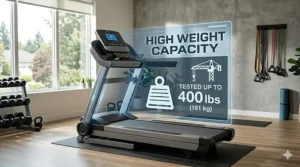 Detailed illustration of the extra-wide running deck and spacious surface on a heavy-duty treadmill designed for running and stability.