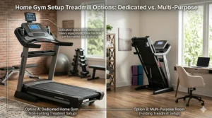 Visual guide showing a non-folding treadmill in a dedicated gym versus a folding treadmill in a multi-purpose living room.