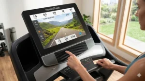 Illustration of a large touchscreen console featuring workout tracking on a gym quality treadmill for home.