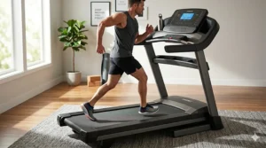 An athlete performing a high-intensity cardio workout on a sturdy stationary treadmill.