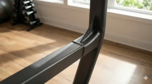 Illustration highlighting the continuous solid steel frame of a non-folding treadmill for maximum stability during sprints.