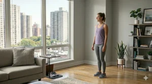A woman easily rolling a lightweight treadmill across a hardwood floor using built-in transport wheels.