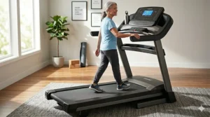 An active senior woman walking at a steady pace on a stationary treadmill for low-impact exercise.