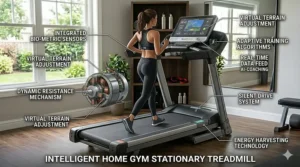 A detailed illustration of a stationary treadmill console featuring workout metrics and tablet connectivity.
