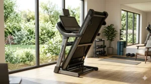 A light commercial treadmill being folded vertically to save space in a home environment.