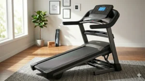 Side view of a stationary treadmill deck adjusted to a high incline position for hill training.