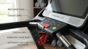 A close-up illustration of the emergency safety key and clip on a home gym treadmill.
