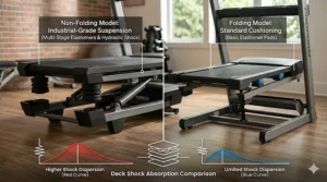 Comparison of deck suspension systems between a high-end non-folding model and a portable folding treadmill.