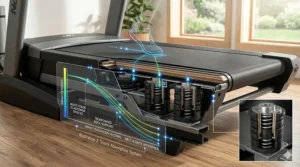 Diagram showing the advanced shock absorption and deck cushioning of a commercial-grade home treadmill.