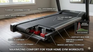 An exploded view illustration of the shock absorption system in a stationary treadmill for home use.