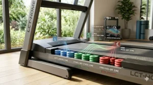 Illustration of an advanced deck cushioning system on a home treadmill to reduce joint impact.