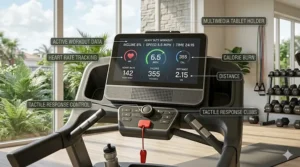 Digital console of a heavy duty treadmill showing workout metrics and incline settings.