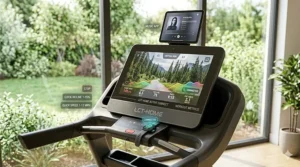 User navigating a workout app on a light commercial treadmill console with heart rate monitoring.