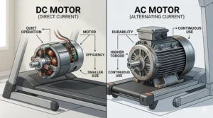 A technical illustration comparing AC and DC motors for home gym stationary treadmills.