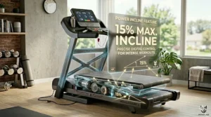Graphic showing a heavy duty treadmill at a 15 percent power incline for intense cardio workouts.
