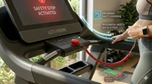 Close-up of a safety emergency stop key and ergonomic handrails on a light commercial treadmill.