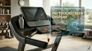 A large HD touchscreen console on a budget-friendly heavy duty treadmill under $1500.