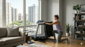 An ultra-slim walking pad being slid horizontally underneath a grey bed frame.
