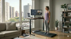 A professional using an under-desk treadmill for walking while working at a standing desk in an apartment.