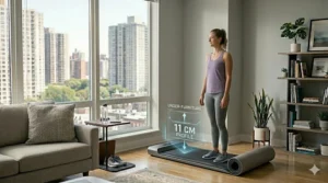 A sleek treadmill standing vertically against a wall in a living room corner to maximize floor space.