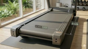 Overhead view showing the extra-wide running surface dimensions of a heavy duty treadmill.
