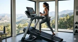 A person performing the 12-3-30 workout on a treadmill with a 30 percent incline grade.
