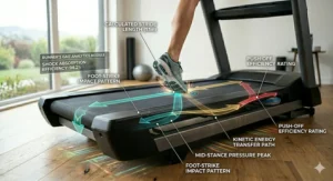 Diagram of a 3-zone shock absorption treadmill deck showing strike, transition, and push-off areas.