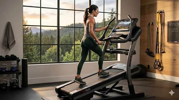 A professional incline trainer treadmill set at a 40 percent grade for a high-intensity mountain climb simulation. 40 percent incline treadmill