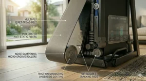 Detailed view of a multi-ply, anti-static treadmill belt designed to minimize friction and whistling sounds.