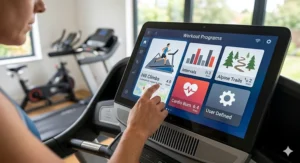 A user interface illustration showing various workout programs like "Hill Climbs" that automatically adjust the treadmill's incline.