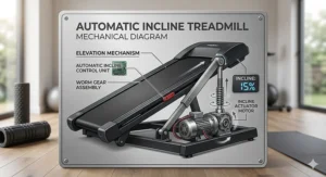 A technical illustration showing the internal motor and elevation mechanism responsible for the smooth lift of an automatic incline treadmill.