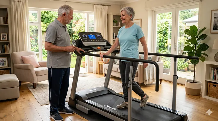 An elderly couple smiling while using a low speed treadmill for seniors in a bright living room.