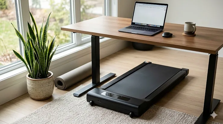 A high-detail, photorealistic view of a compact, black portable walking treadmill positioned under a modern wooden standing desk. The setup includes a laptop, mouse, and coffee mug on the desk, with a bright window, a snake plant, and a rolled-up yoga mat in the background.