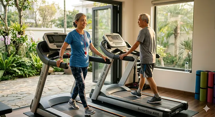 An active senior woman smiling while walking at a steady pace on a specialized treadmill for seniors in a brightly lit fitness room.