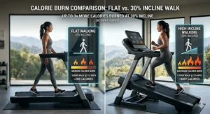 An infographic comparing calories burned on a flat surface versus a 30 incline treadmill walk.