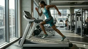 Heavy duty commercial motorized treadmill built to handle top-end speeds for elite track and field sprinters.
