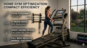 A compact 40 percent incline treadmill positioned in a home gym setting with adequate ceiling clearance.