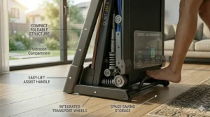 A compact, foldable treadmill stored in a small apartment, highlighting space-saving features for home gyms.