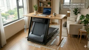 Illustration showing the footprint dimensions of a compact treadmill for small spaces tucked under a standing desk.