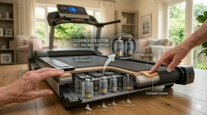Illustration showing the shock absorption layers of a cushioned deck treadmill for seniors.