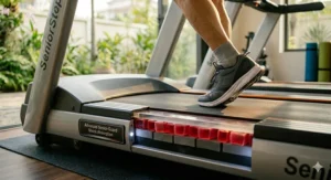 A photorealistic cutaway diagram view of the multi-layer elastomeric shock absorption system beneath the walking belt of the 'SeniorStep 4000' treadmill. The structure is designed to cushion the impact for seniors, as a detailed foot in an athletic shoe presses down on the belt. Natural light highlights the internal padding.