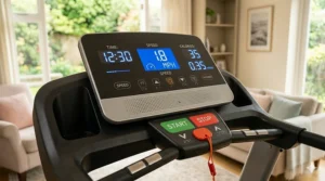 Large text display panel on a low speed treadmill for seniors showing speed and safety metrics.