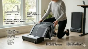 A step-by-step instructional diagram showing a woman folding an ultra-compact walking treadmill using its Multi-Link Collapsible Hinge for compact nested configuration and storage.