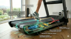 Illustration showing the structural frame and deck cushioning of a compact, foldable shock absorption treadmill.