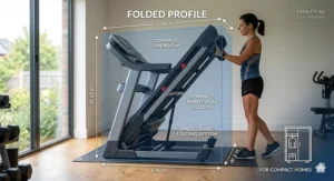 A technical illustration showing the compact dimensions and space-saving folding system of an automatic incline treadmill.